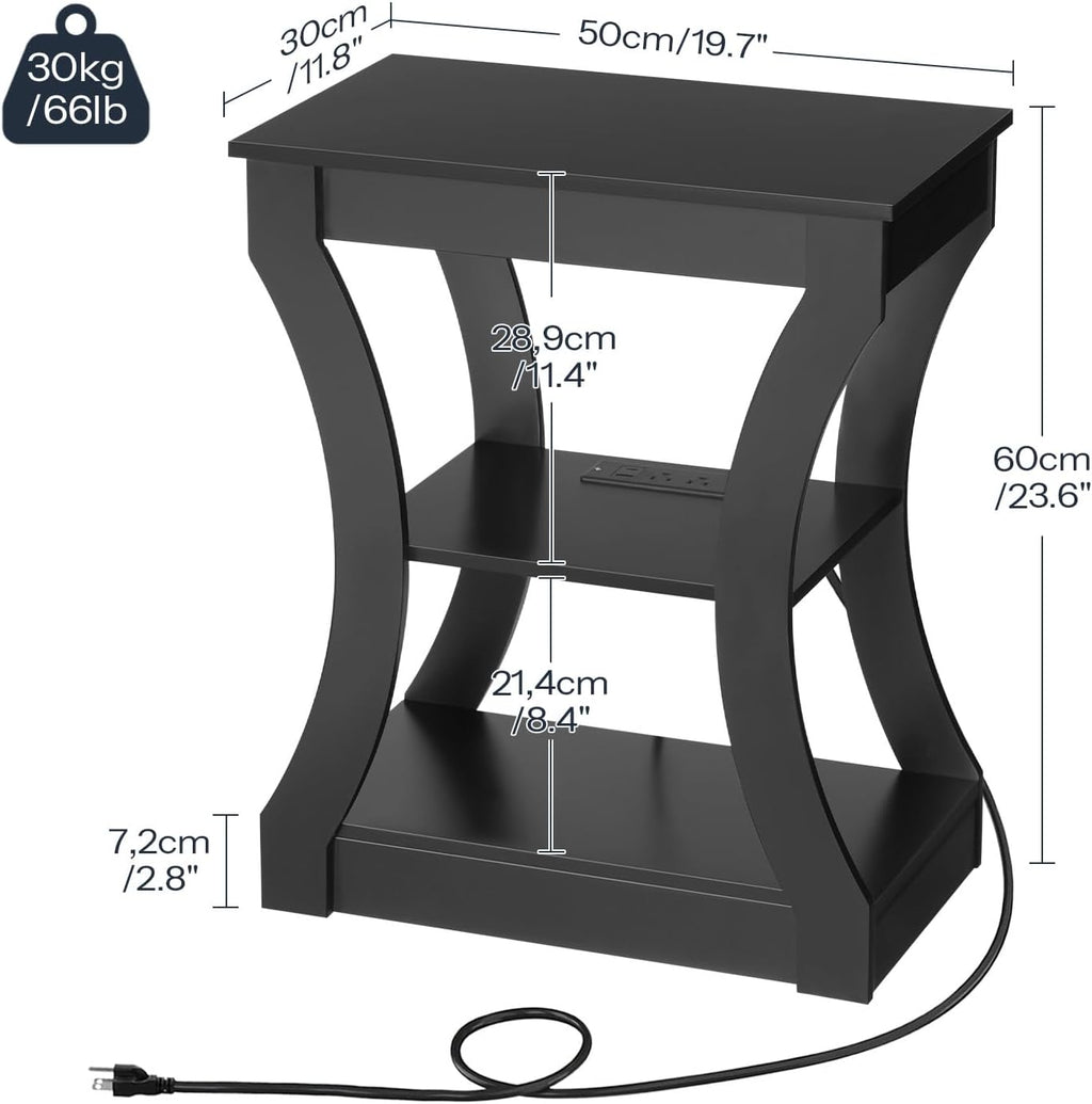 MAHANCRIS Black End Table with Charging Station, Skinny Side Table with USB Ports and Outlets, Nightstand, 3 Tier Bedside Table with Storage Shelf for Living Room, Bedroom, Small Space, ETBK53E01