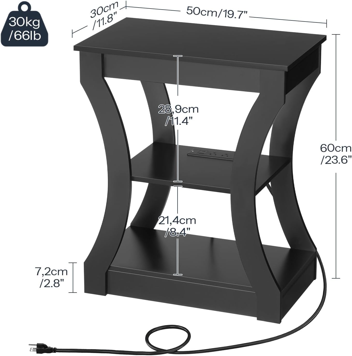 MAHANCRIS Black End Table with Charging Station, Skinny Side Table with USB Ports and Outlets, Nightstand, 3 Tier Bedside Table with Storage Shelf for Living Room, Bedroom, Small Space, ETBK53E01