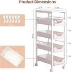 5 Tier Slim Rolling Storage Cart with Pull-Out Drawers,Narrow Utility Organizer Cart with Wooden Top & Wheels for Small Spaces Kitchen Bathroom Laundry Room (White)