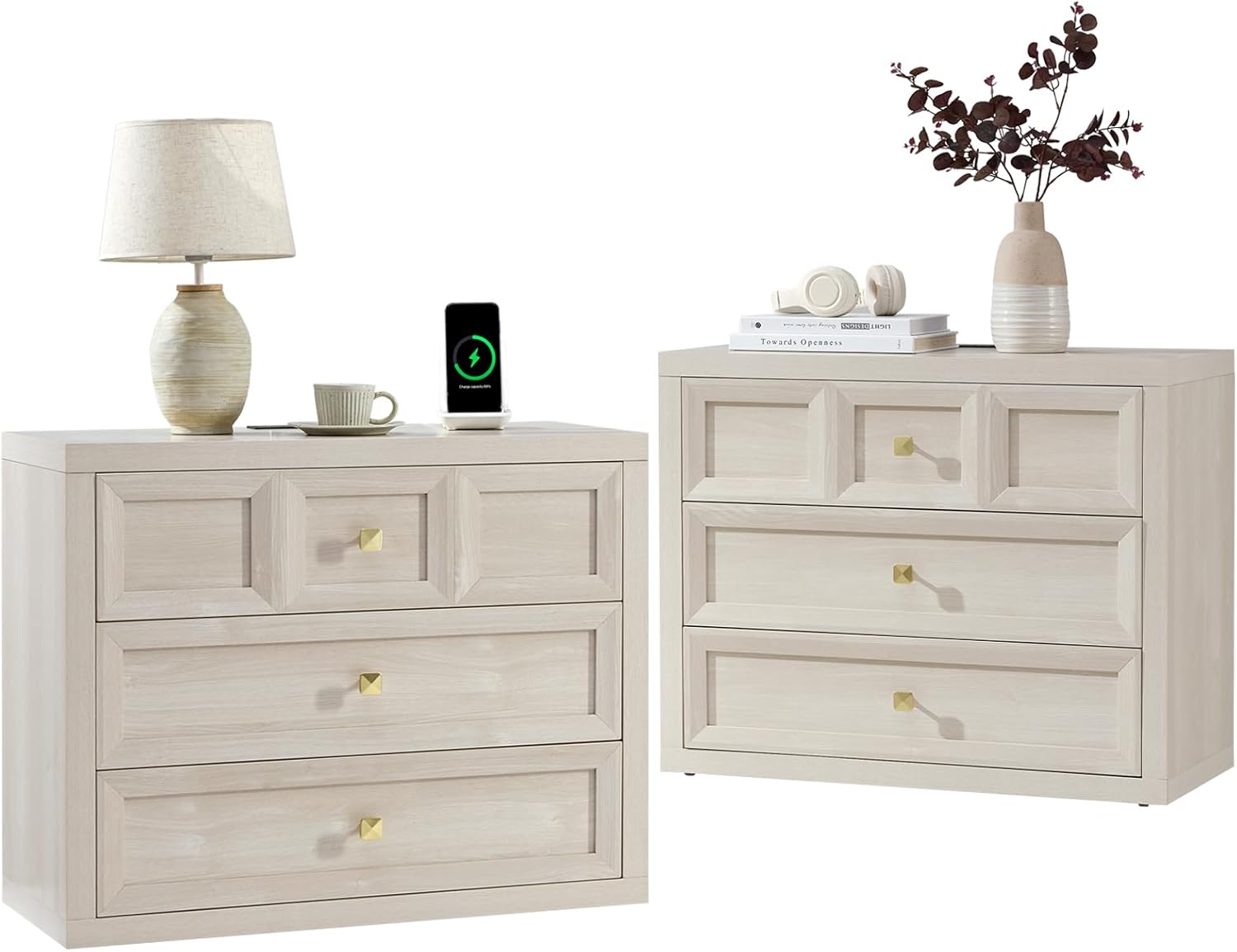 Nightstand Set of 2 W/Charging Station, 30.7" W King Size Bedside Table with 3 Drawers, Accent End Table W/Large Storage, Modern Wood Side Table for Bedroom,Office, Beige