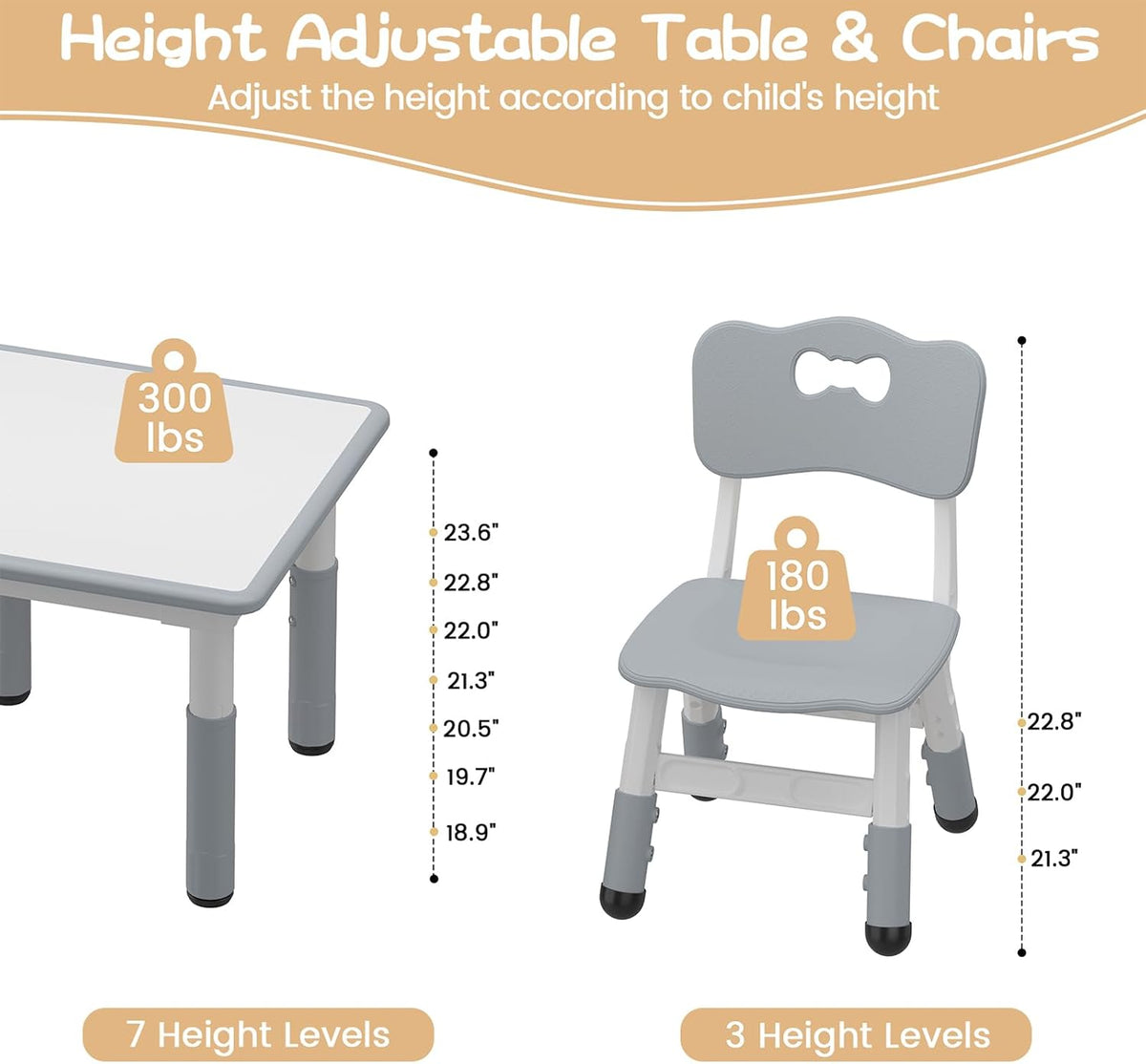 IDEALHOUSE Height Adjustable Kids Table and 2 Chairs Set,Dark Grey | 23.6 Inch Square Tabletop, Non-Slip Leg Pads, Wood Grain Composite Surface, Multi-Activity Use