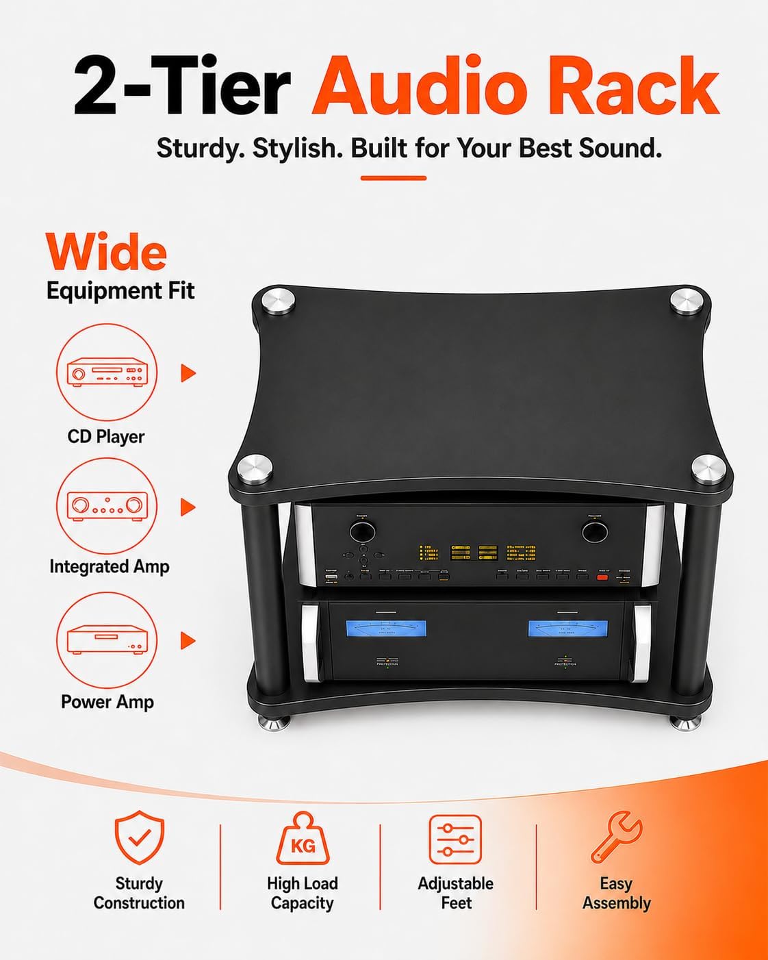 Heavy Duty 2-Tier AV Media Stand, 176 lb Load Capacity, Black | anti-vibration feet that help reduce resonance for clearer sound, open ventilation, cable management, Built for Hi-Fi systems