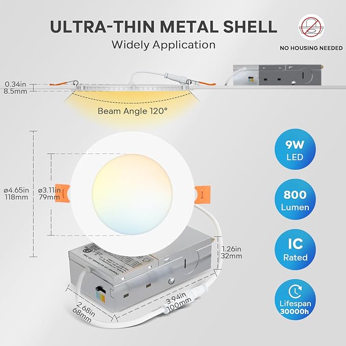 LVWIT 12 Pack LED Recessed Lighting 4 Inch with Junction Box, 5CCT Dimmable Downlight, 9W Ultra-Thin Modern Ceiling Light, 2700/3000/3500/4000/5000K Selectable Led Can Lights, Smooth Trim