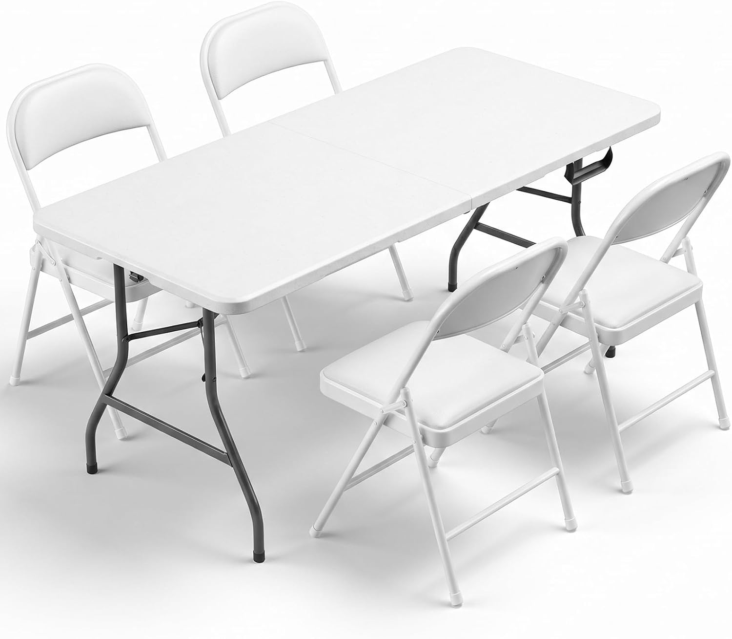 Portable 5-Piece Folding Table and Chairs Set for 4 – Heavy-Duty 5FT Foldable Plastic Table with Carrying Handle &4 PU Leather Padded Chairs,All-Weather Indoor Outdoor for Party Wedding Picnic Camping