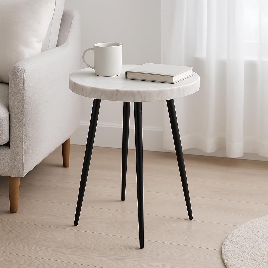 Classy Side Table, End Table, or Small Night Stand - Marble Accent Table with Three Slim Metal Legs Ideal for Small Spaces - Sleek Design for Home, Bedroom, and Living Room Decor - 21" White & Black