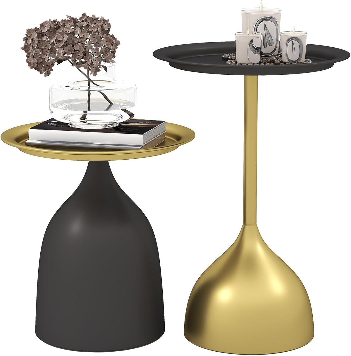 Benkyo Black and Gold Nesting Tables Pedestal Coffee Table Set of 2 Round Side Tables Metal End Table Small Circle Modern Sofa Table for Living Room