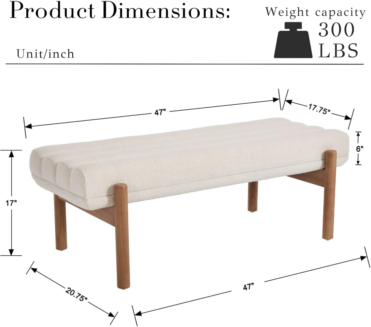BESTANO Modern Upholstered Bedroom Bench End of Bed, Comfy Modern Entryway Bench Solid Wood Frame, 47" Indoor Bench for Hallway Dining Living Room, Beige Chenille