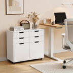 POWERSTONE Mobile File Cabinet with 4 Drawers & 2 Door, Rolling Under Desk Storage Chest with Lockable Wheels, Wood Printer Stand for Home Office Craft Room, White