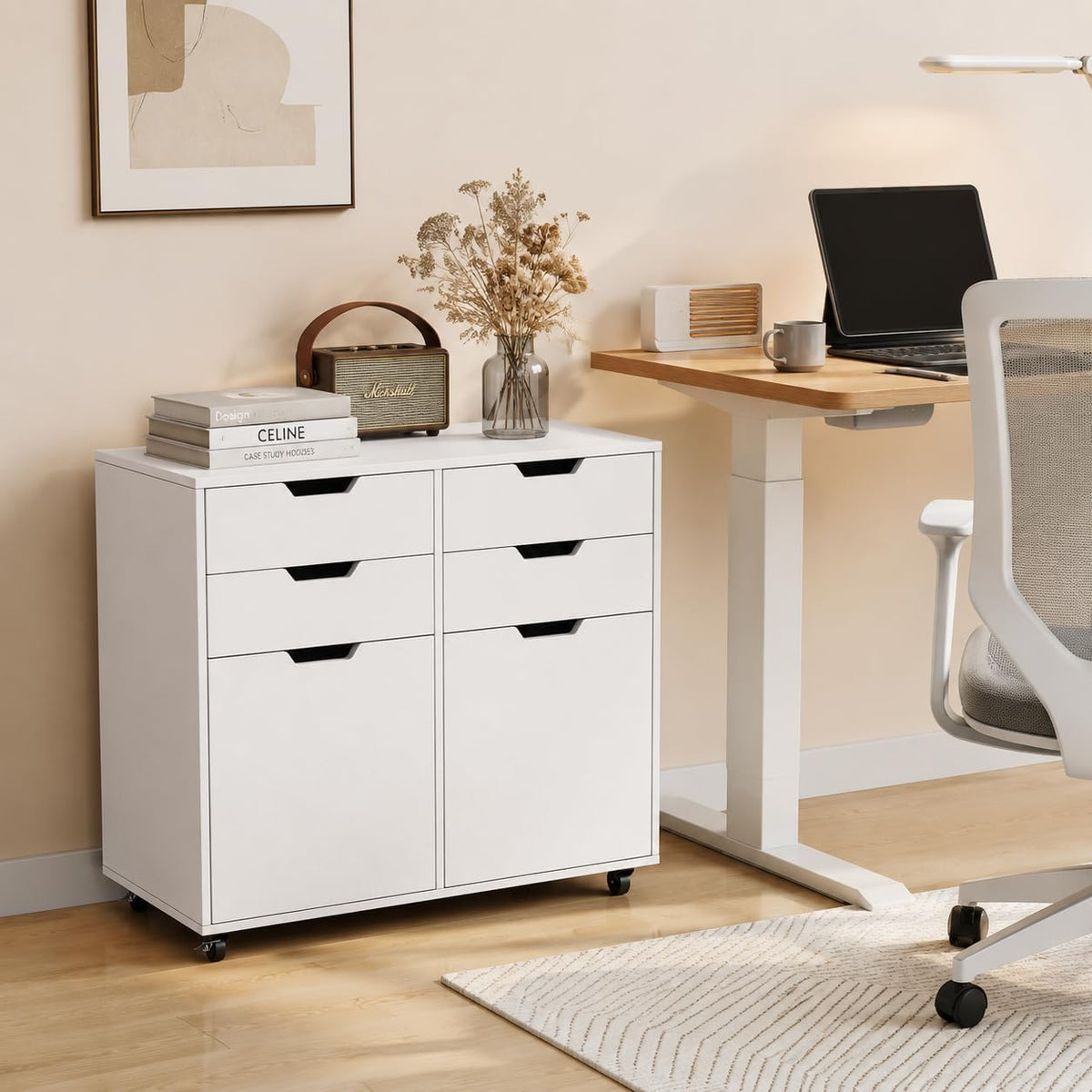 POWERSTONE Mobile File Cabinet with 4 Drawers & 2 Door, Rolling Under Desk Storage Chest with Lockable Wheels, Wood Printer Stand for Home Office Craft Room, White