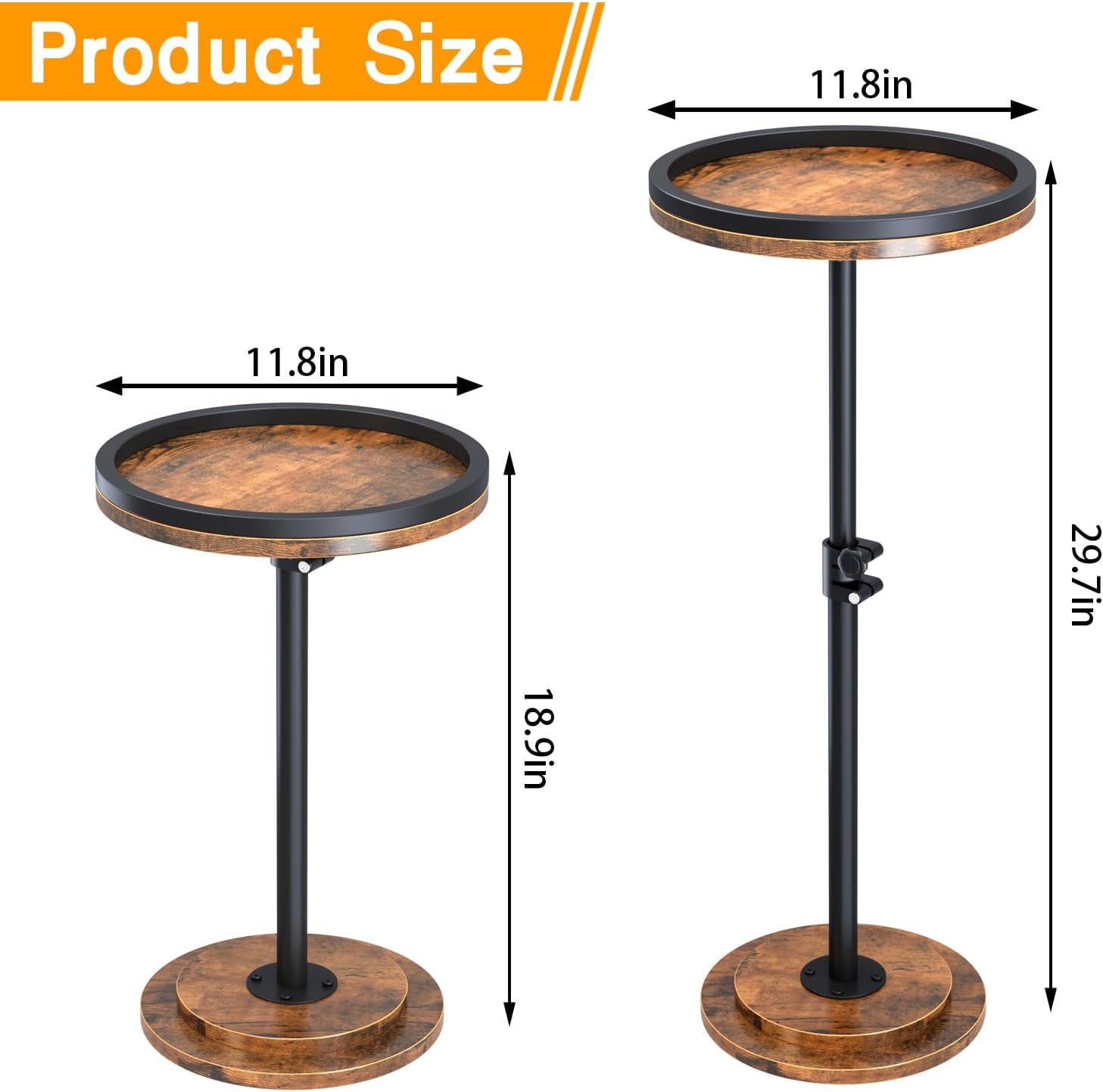 Small Side Table, Drink Table, Height Adjustable Round End Table, Pedestal Side Table for Small Spaces in Living Room, Bedroom, Brown