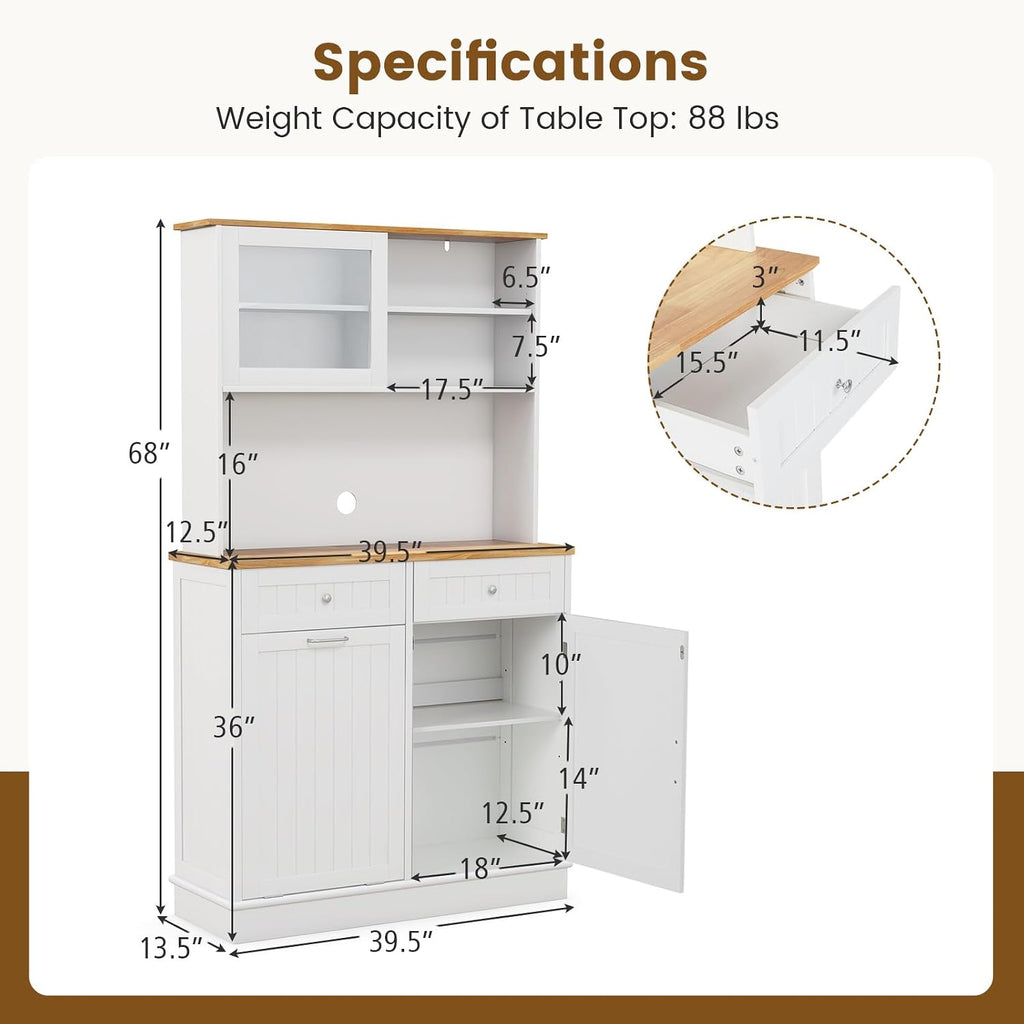 68" Tall Kitchen Pantry Cabinet, Freestanding Kitchen Hutch w/Tilt Out Trash Can Cabinet, Microwave Countertop, Sliding Glass Door, Wooden Dining Room Cupboard