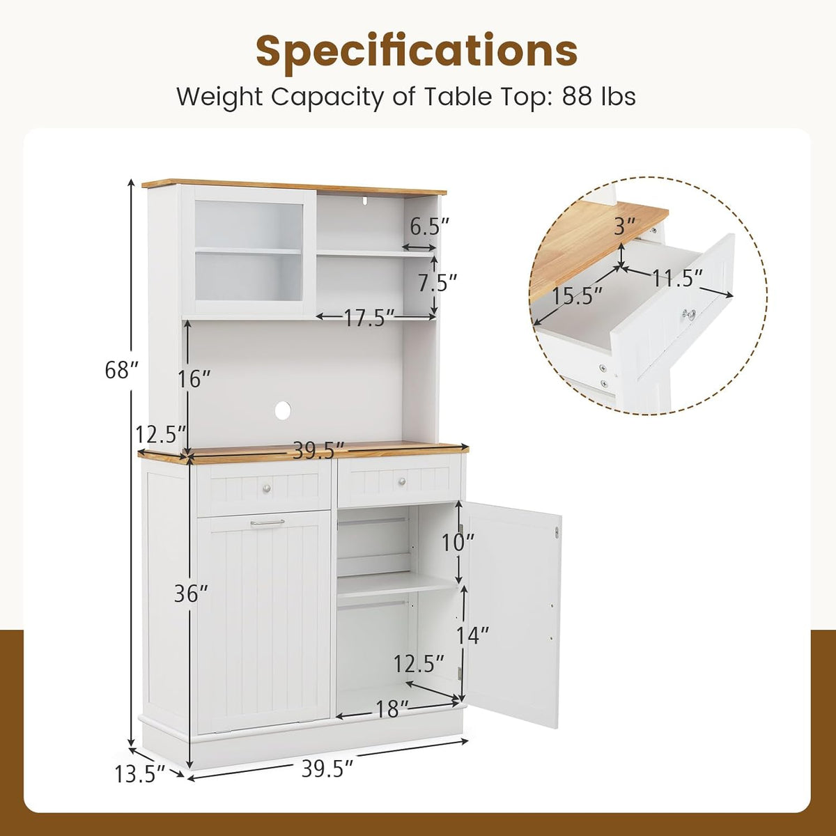 68" Tall Kitchen Pantry Cabinet, Freestanding Kitchen Hutch w/Tilt Out Trash Can Cabinet, Microwave Countertop, Sliding Glass Door, Wooden Dining Room Cupboard