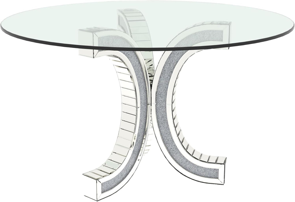 52" Round Glass Pedestal Dining Table with Tempered Glass Top, Mirrored Base with Crushed Diamonds, Modern Centerpiece
