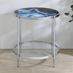 Pemberly Row 3-Piece Coffee & End Table Set, Engineered Wood, Blue Faux Marble & Glass, Chrome Frame, Contemporary Style Living Room Tables, Reversible Panels for Flexible Design