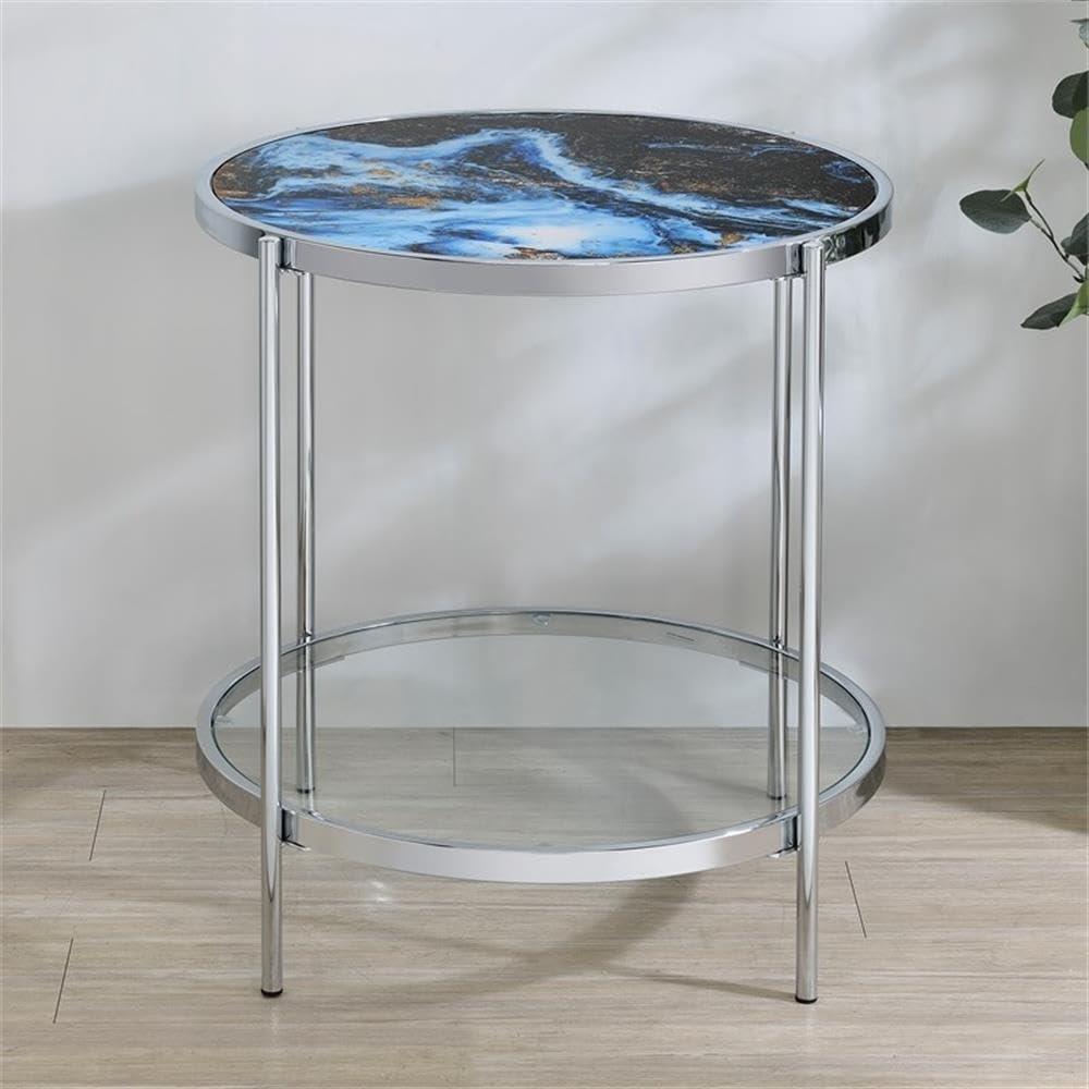 Pemberly Row 3-Piece Coffee & End Table Set, Engineered Wood, Blue Faux Marble & Glass, Chrome Frame, Contemporary Style Living Room Tables, Reversible Panels for Flexible Design