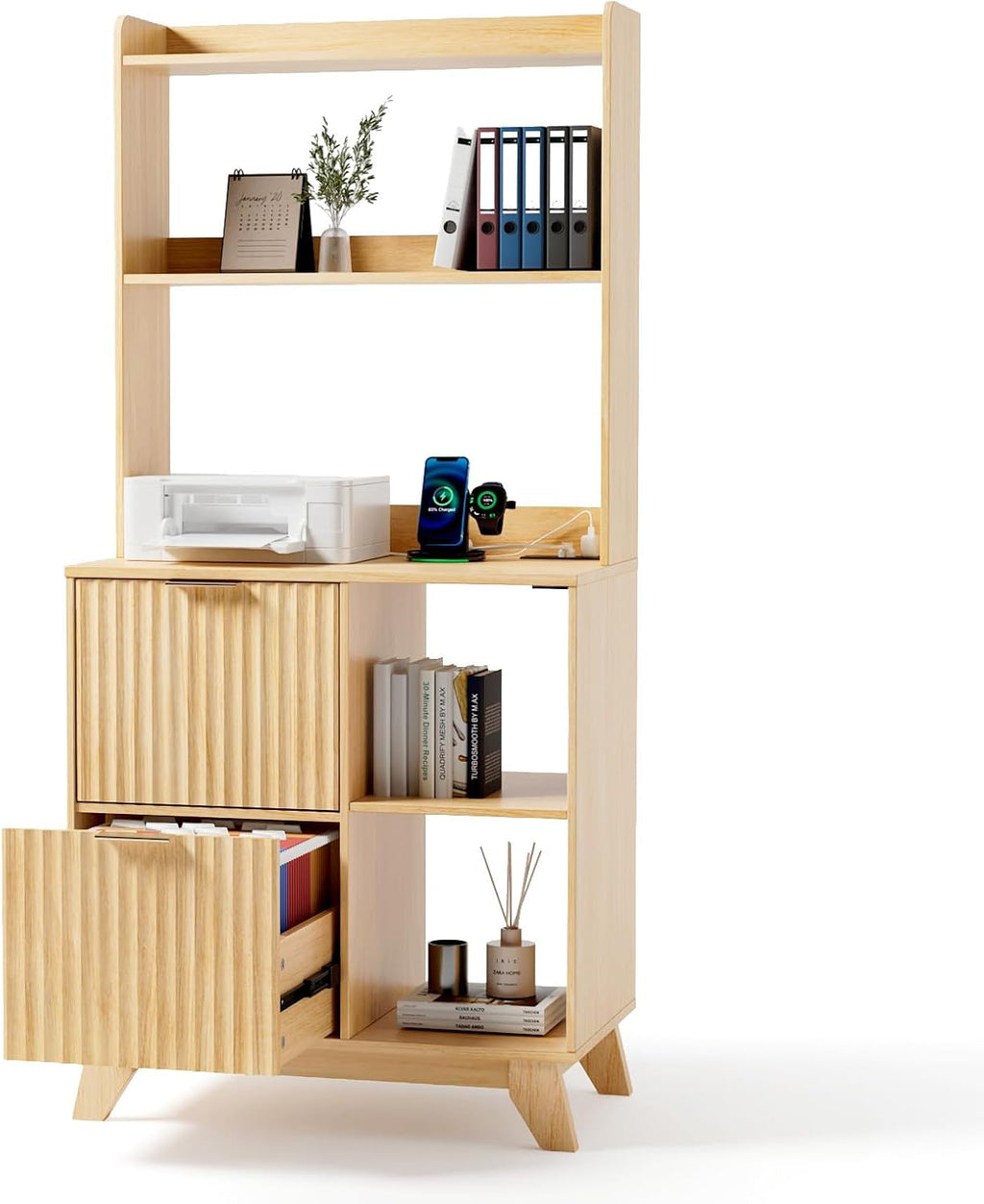 VINGLI Tall 2 Drawer File Cabinet with Adjustable Shelves, Home Office Filing Organizer for Letter Size File Folder Storage, Fluted Design, Wood Filing Cabinet with Socket, Printer Stand (Oak)