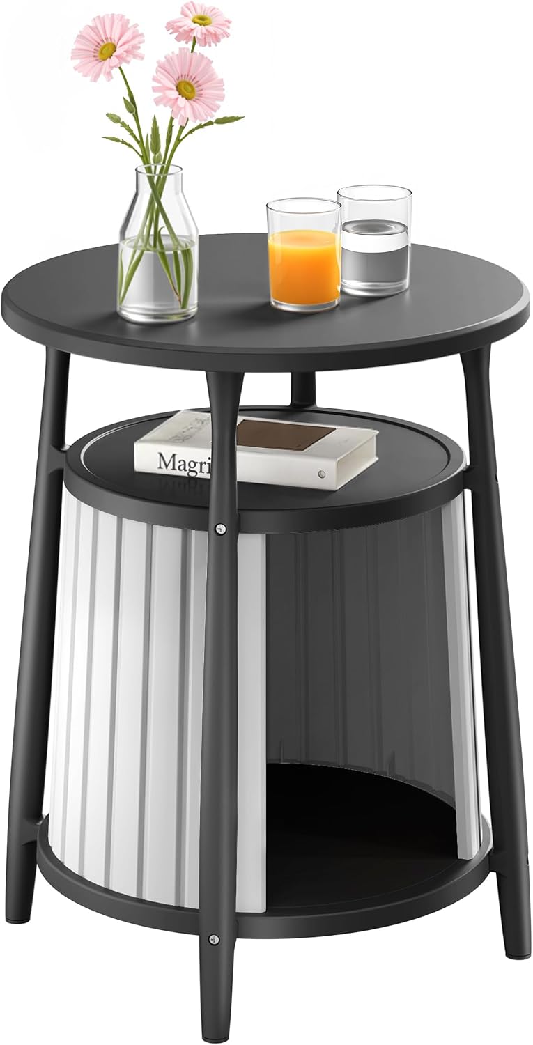 ROJIK End Table with Storage, Round Side Table for Indoor Outdoor Use, All-Weather Resin Accent Table for Small Spaces, Bathroom, Living Room, Bedside Table (Black)