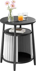 ROJIK End Table with Storage, Round Side Table for Indoor Outdoor Use, All-Weather Resin Accent Table for Small Spaces, Bathroom, Living Room, Bedside Table (Black)