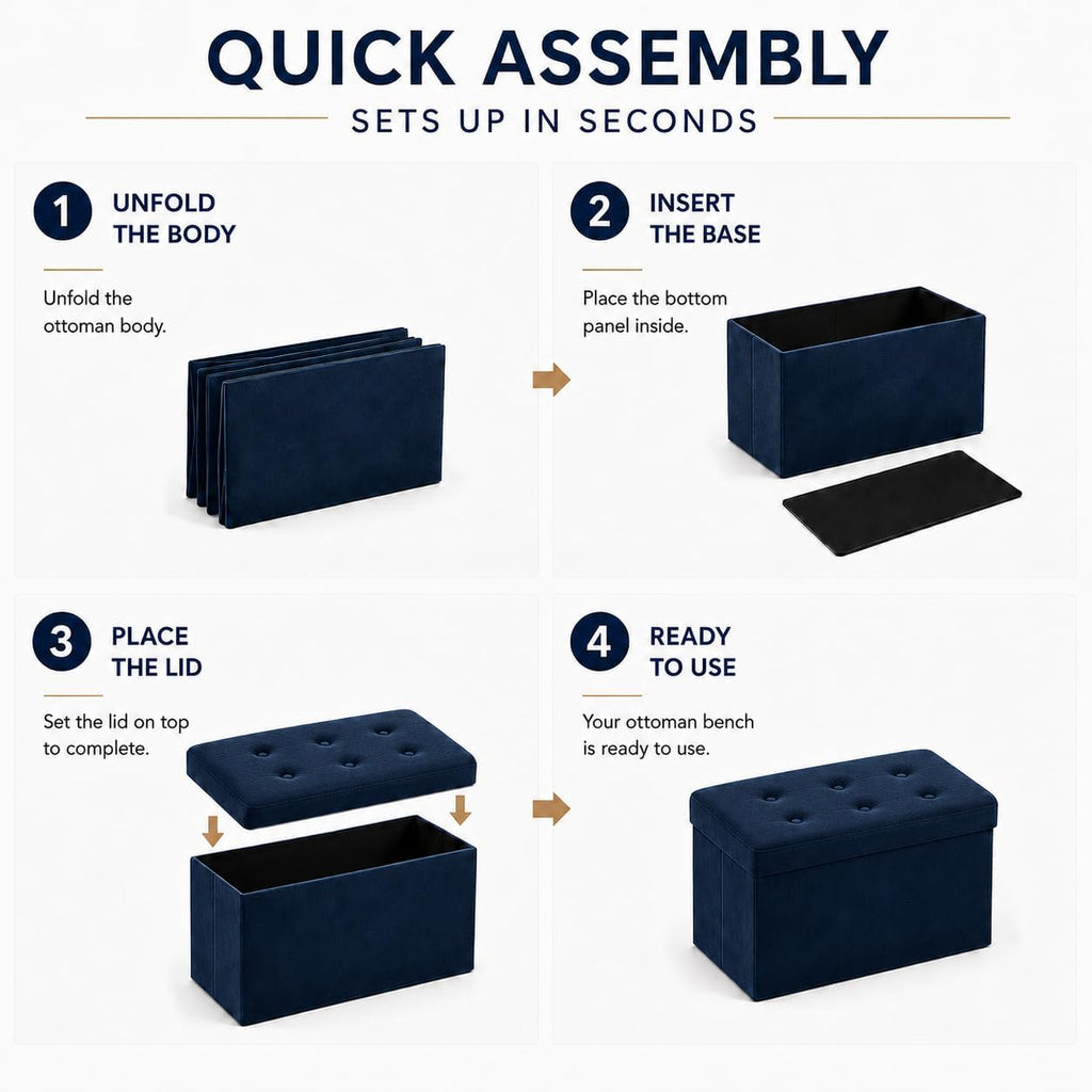 ALASDO 30 Inch Folding Storage Ottoman Bench with Hidden Storage, Velvet Storage Ottoman Foot Rest Stool, End of Bed Bench for Bedroom, Living Room, Entryway and Closet, Navy Blue