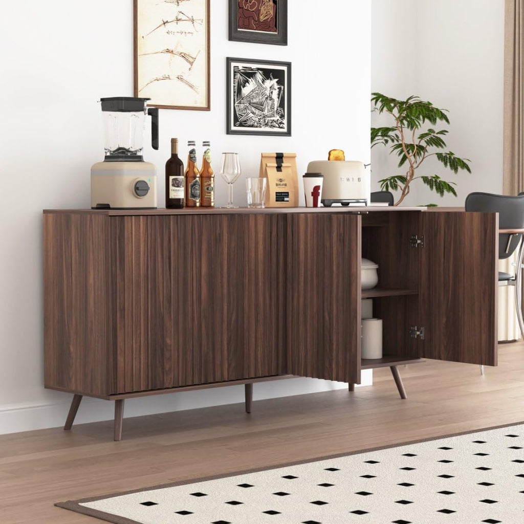 59" Buffet Cabinet with Storage, Modern Kitchen Buffet Sideboard with 4 Doors, Wood Coffee Bar with Adjustable Shelves, Kitchen Storage Cabinet with Adjustable Legs for Living Room (Walnut)
