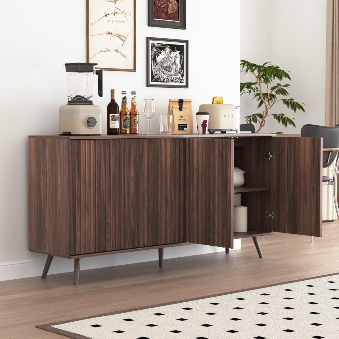 59" Buffet Cabinet with Storage, Modern Kitchen Buffet Sideboard with 4 Doors, Wood Coffee Bar with Adjustable Shelves, Kitchen Storage Cabinet with Adjustable Legs for Living Room (Walnut)