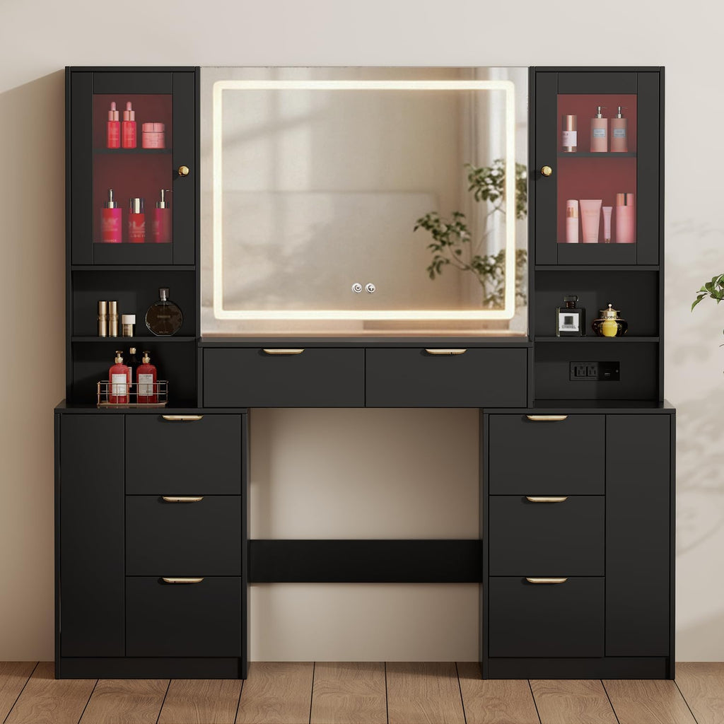 Chrangmay 55.4" Big Modern Vanity Desk with Mirror and Lights,Makeup Vanity Desk with 8 Drawers and Storage Shelves & Power Outlet,RBP Glass Cabinets, Black