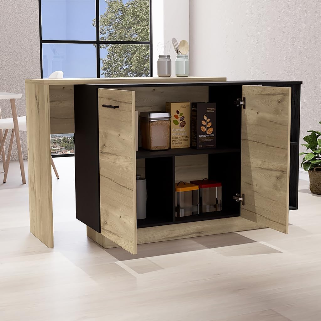 Kitchen Island with Double Doors and Three Shelves in Black | Includes two external shelves and three interior shelves for storage