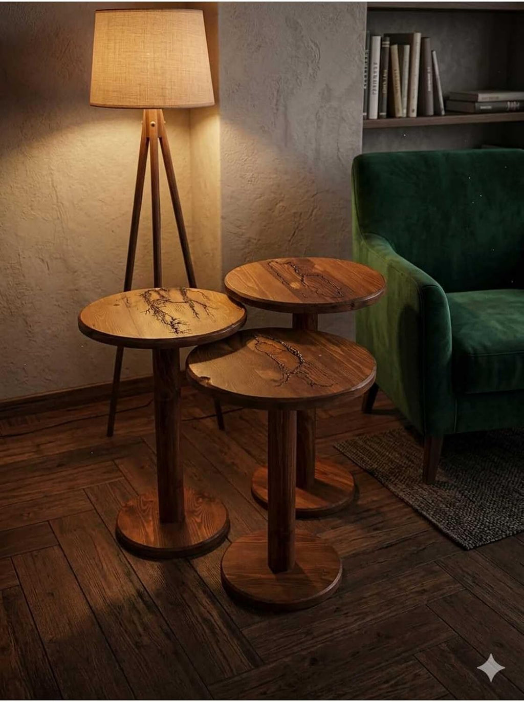 SODEF Handmade Round Walnut Wood Side Table Set, 3-Piece Nesting Tables, Wood, Retro Country Style, Unique Lichtenberg Figures, Approx. 13.4" Diameter - Brown