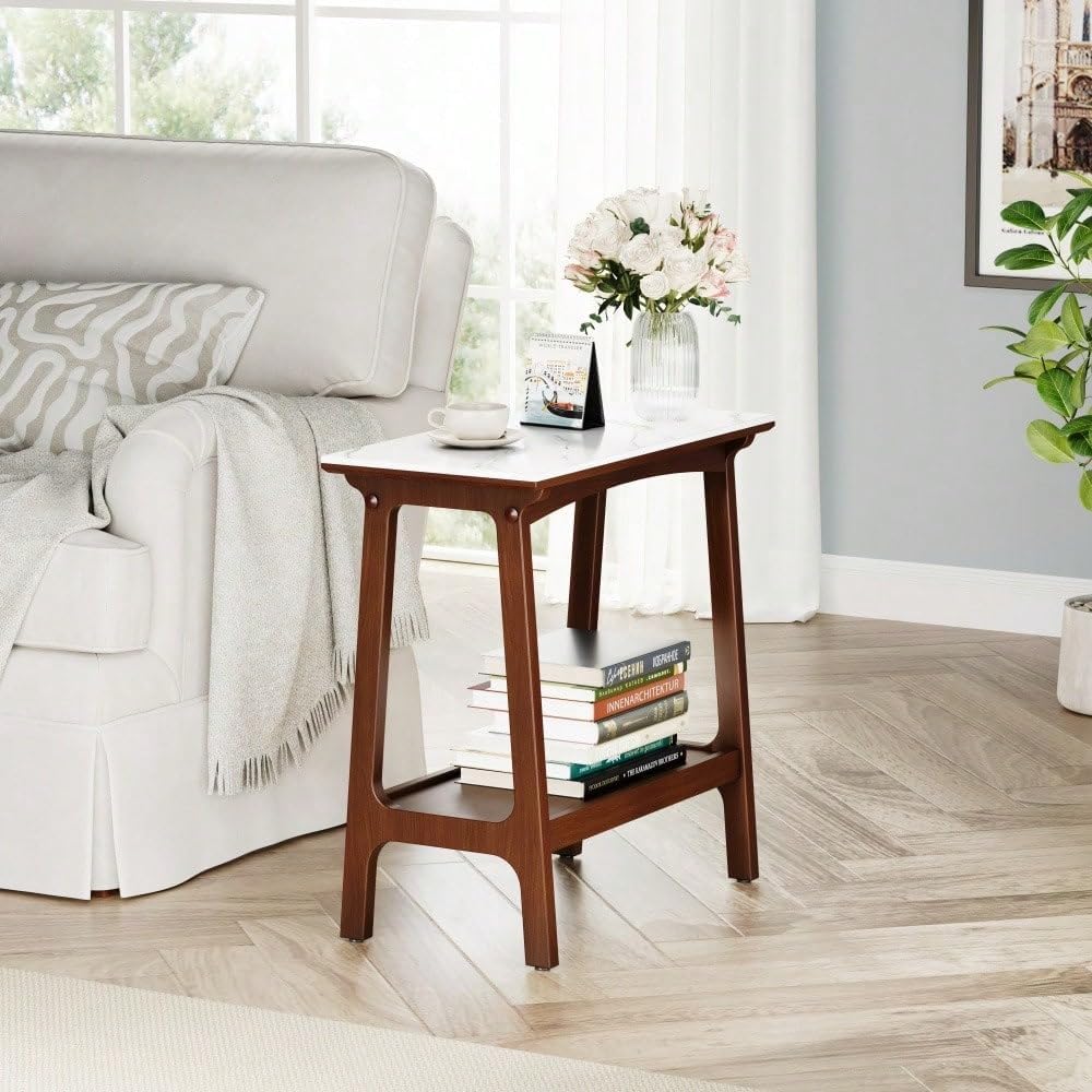 Retro Reddish Brown End Table, Narrow Side Table with Storage Shelf for Small Spaces, Slim Nightstand for Farmhouse Living Room, Entryway