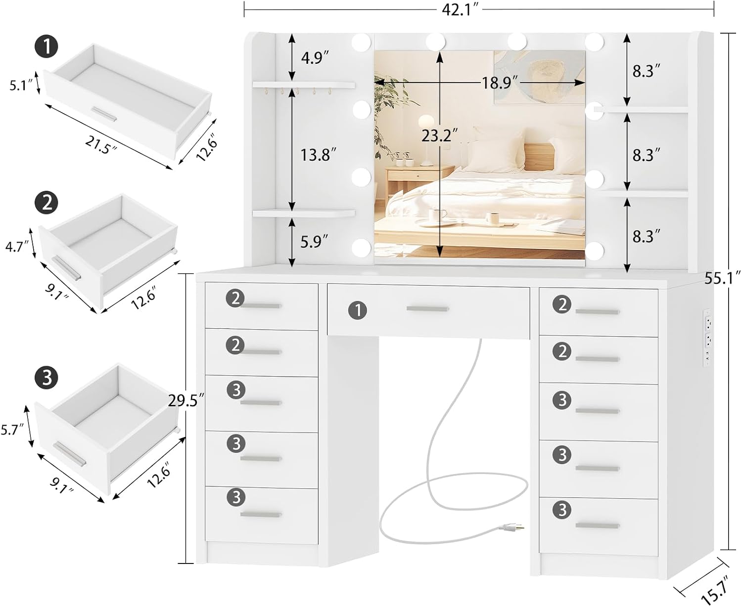 FIONESO Large Vanity Desk with Mirror and Lights, Makeup Vanity with 11 Drawers & 6 Open Shelves, 3 Lighting Modes, Brightness Adjustable, Vanity for Girls, White