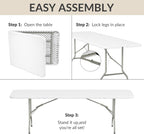 Simple Deluxe Foldable Table - Heavy Duty Portable Plastic Top & Steel Legs, Built-in Handle for Indoor Outdoor Party, Camping, Adjustable Height (22"/30"/36"), White 8FT