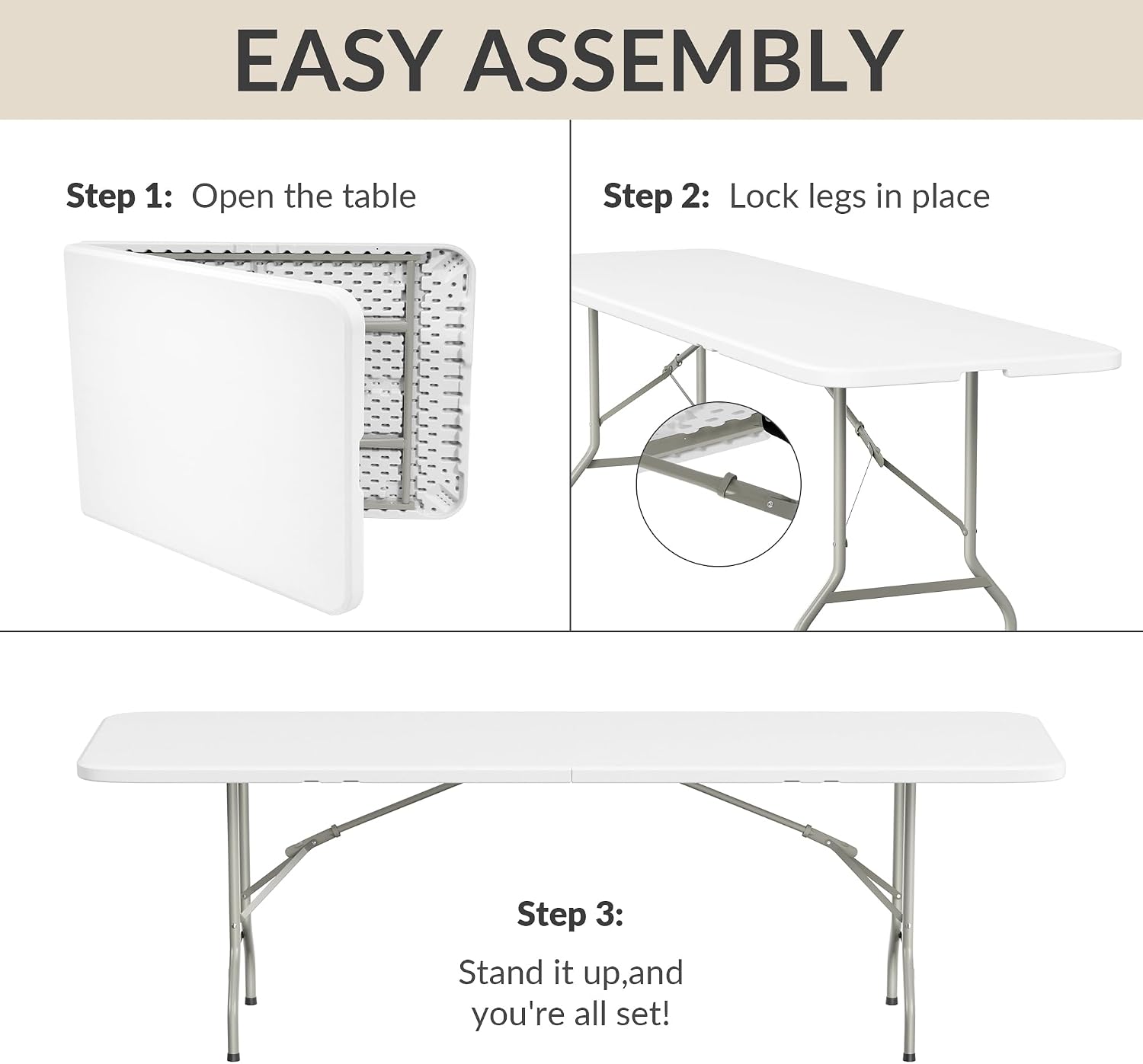 Simple Deluxe Foldable Table - Heavy Duty Portable Plastic Top & Steel Legs, Built-in Handle for Indoor Outdoor Party, Camping, Adjustable Height (22"/30"/36"), White 8FT