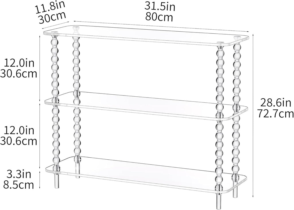 Acrylic Clear Console Table for Entryway, 3-Tier Sofa Table Bookshelf, Low Bookcase with Open Storage Shelves, (Clear, 31.5"×11.8“×28.6”)