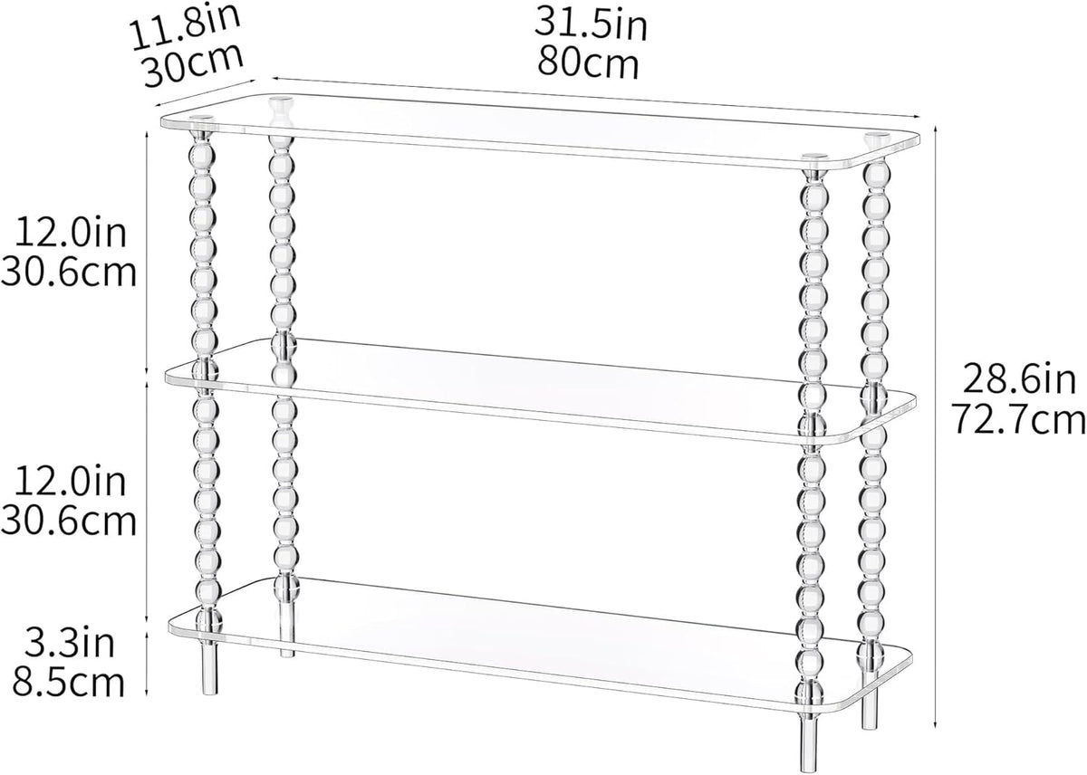 Acrylic Clear Console Table for Entryway, 3-Tier Sofa Table Bookshelf, Low Bookcase with Open Storage Shelves, (Clear, 31.5"×11.8“×28.6”)