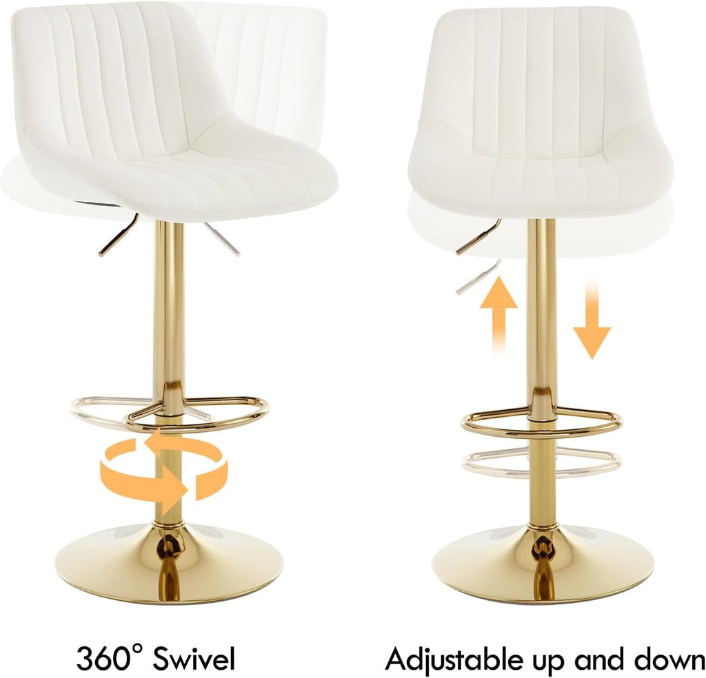Barstools Set of 3, Golden-Cream, Adjustable Swivel Bar Stools | With Back, Armless Upholstered, Gold Bar Stool with Velvet Seat, For Kitchen Island/Cafe/Dining