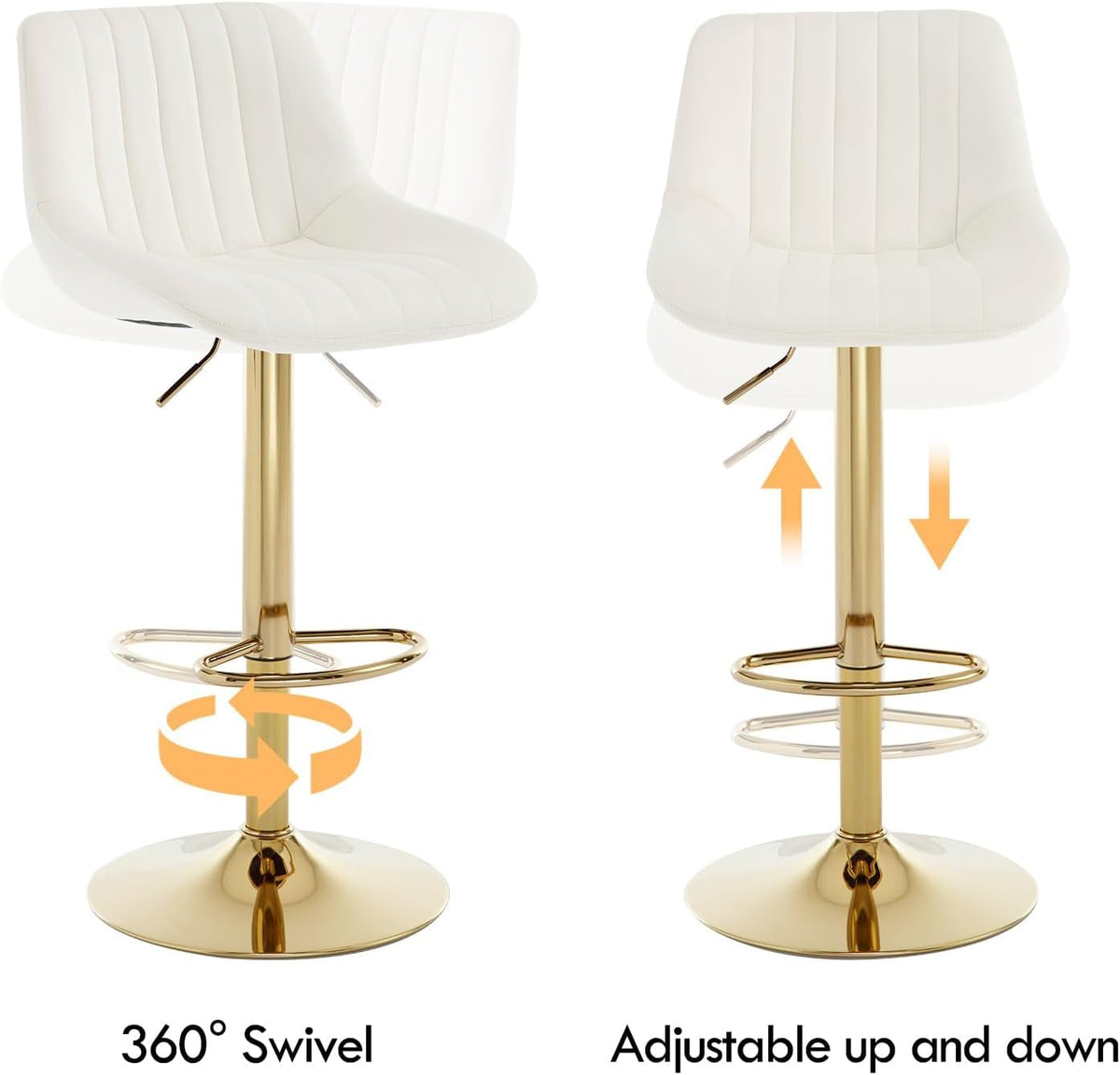 Barstools Set of 3, Golden-Cream, Adjustable Swivel Bar Stools | With Back, Armless Upholstered, Gold Bar Stool with Velvet Seat, For Kitchen Island/Cafe/Dining