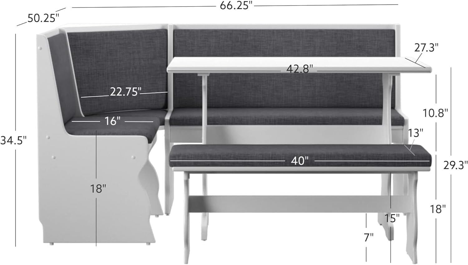 HomeStock Old World Opulence Charcoal Breakfast Nook 66.5x50.47x35.51 in - Cozy Corner Booth Dining Table Set with Bench, Table, Charcoal Fabric Upholstered Seats, 156.93 lbs