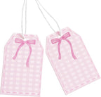 100Pcs Coquette Pink Bow Gift Tags with String Pink Buffalo Plaid Large Gift Tag with 65Ft White String Paper Gift Tag for Coquette Bow Baby Shower Birthday Bachelorette Wedding Gift Wrap Tag