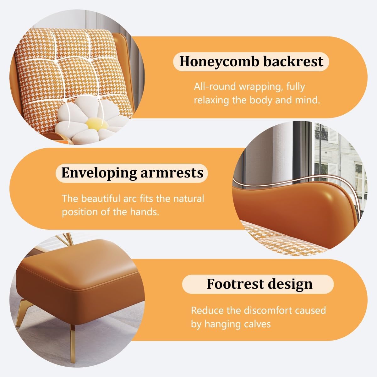 Oversized Rocking Chair with Cushion, Modern Accent Rocking Chair with PU and Solid Wood Legs, Rocking Chairs with Ottoman, Honeycomb Three-Dimensional Backrest for Bedroom, Living Room(Black)