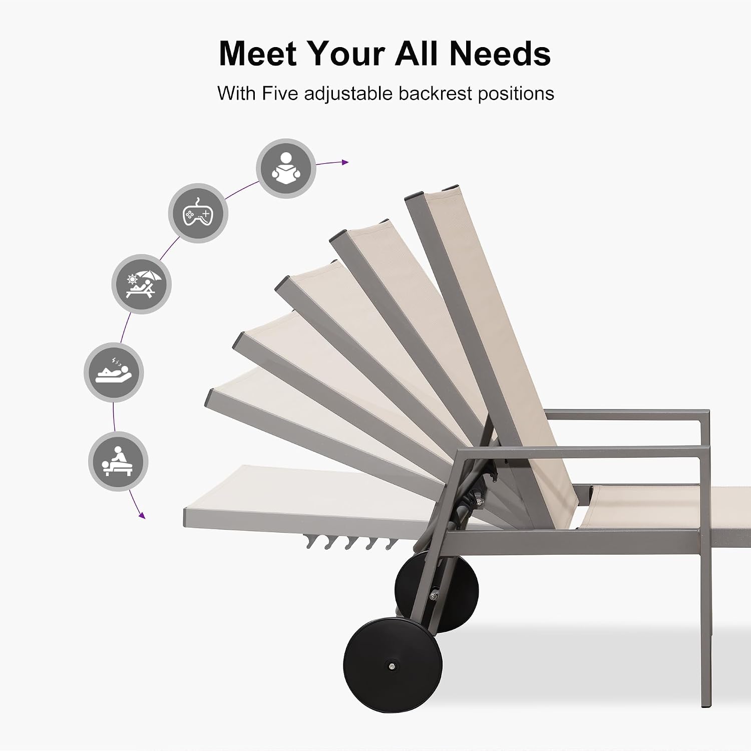 PURPLE LEAF Chaise Lounge Outdoor Set for 2 with Armrest, Khaki | All-aluminum supportive armrests, effortless sitting & standing transitions, stylish design, ultimate outdoor leisure