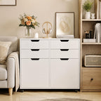 POWERSTONE Mobile File Cabinet with 4 Drawers & 2 Door, Rolling Under Desk Storage Chest with Lockable Wheels, Wood Printer Stand for Home Office Craft Room, White