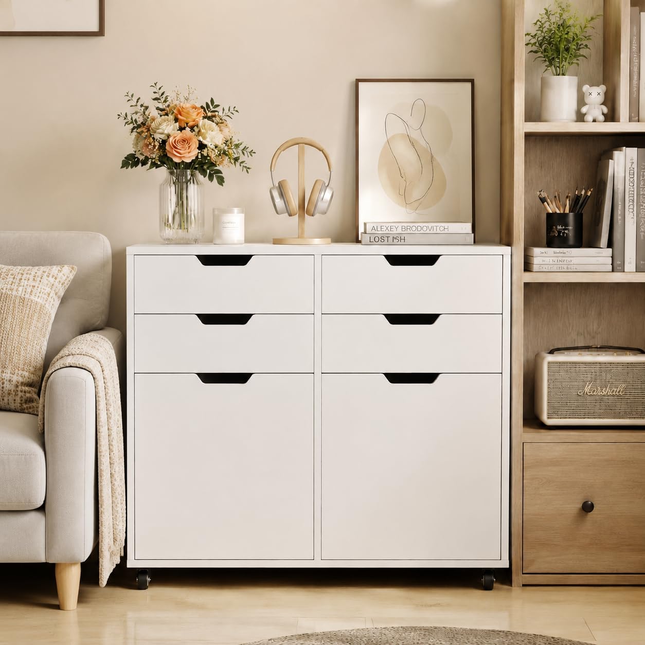 POWERSTONE Mobile File Cabinet with 4 Drawers & 2 Door, Rolling Under Desk Storage Chest with Lockable Wheels, Wood Printer Stand for Home Office Craft Room, White