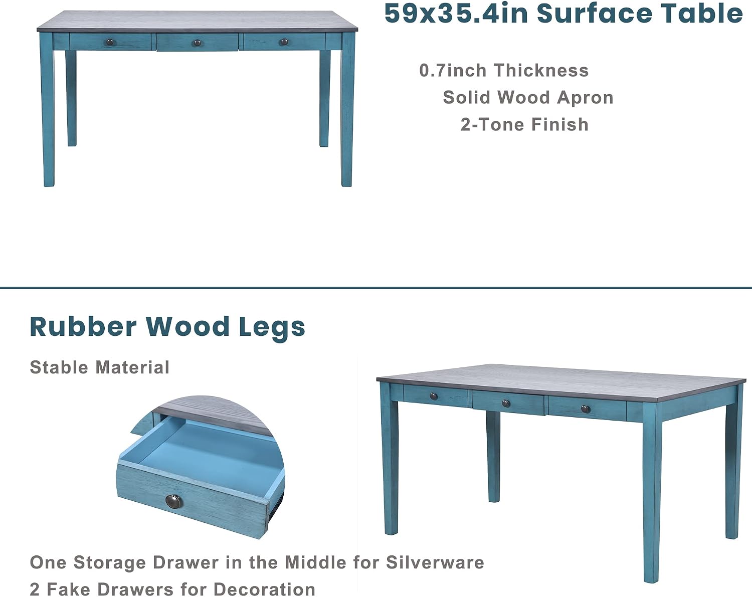 LUMISOL 6-Piece Dining Table Set with Bench, Farmhouse Solid Wood Kitchen Table Set with Bench, 4 Upholstered Chairs & Storage Drawers for Kitchen, Dining Room, Living Room, Antique Blue