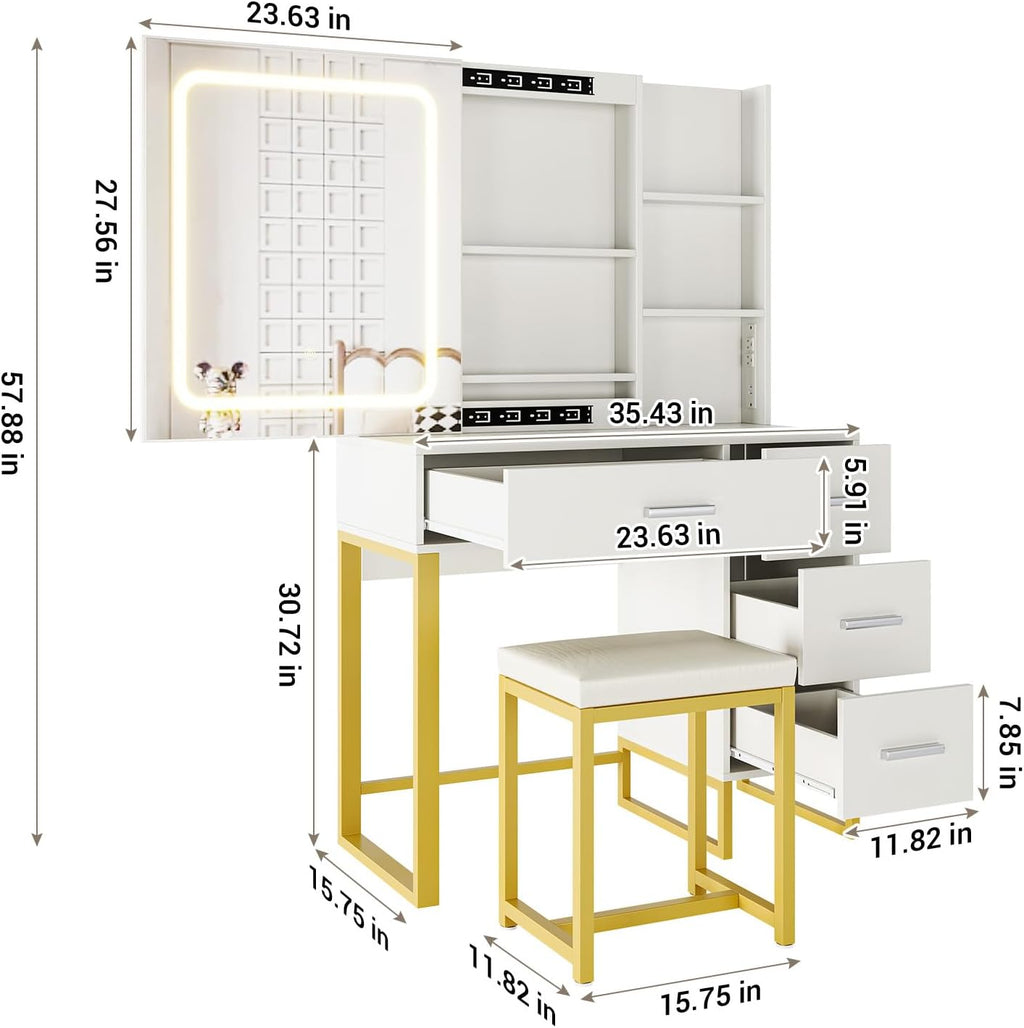 GAOMON 57'' Large Vanity Desk with Mirror & Lights, Makeup Vanity Table with Charging Station,