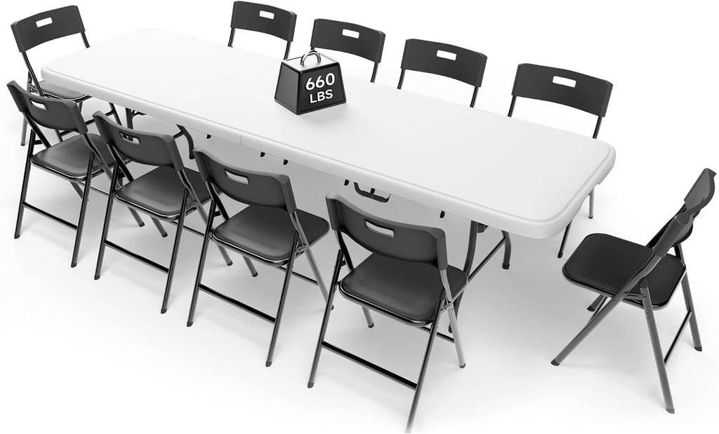 8FT Folding Table Set with 10 Chairs – Heavy-Duty 660 lb Table & 330 lb Chairs, Portable Folding Furniture Bundle for Camping, Parties, Indoor & Outdoor Use