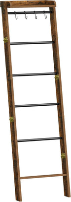 Hzuaneri Blanket Ladder Shelf, Decorative Quilt Rack, 7-Tier Farmhouse Ladder Holder Organizer with 4 Removable Hooks 7.9" D x 17.3" W x 66.9" H, Rustic Brown BR36801B