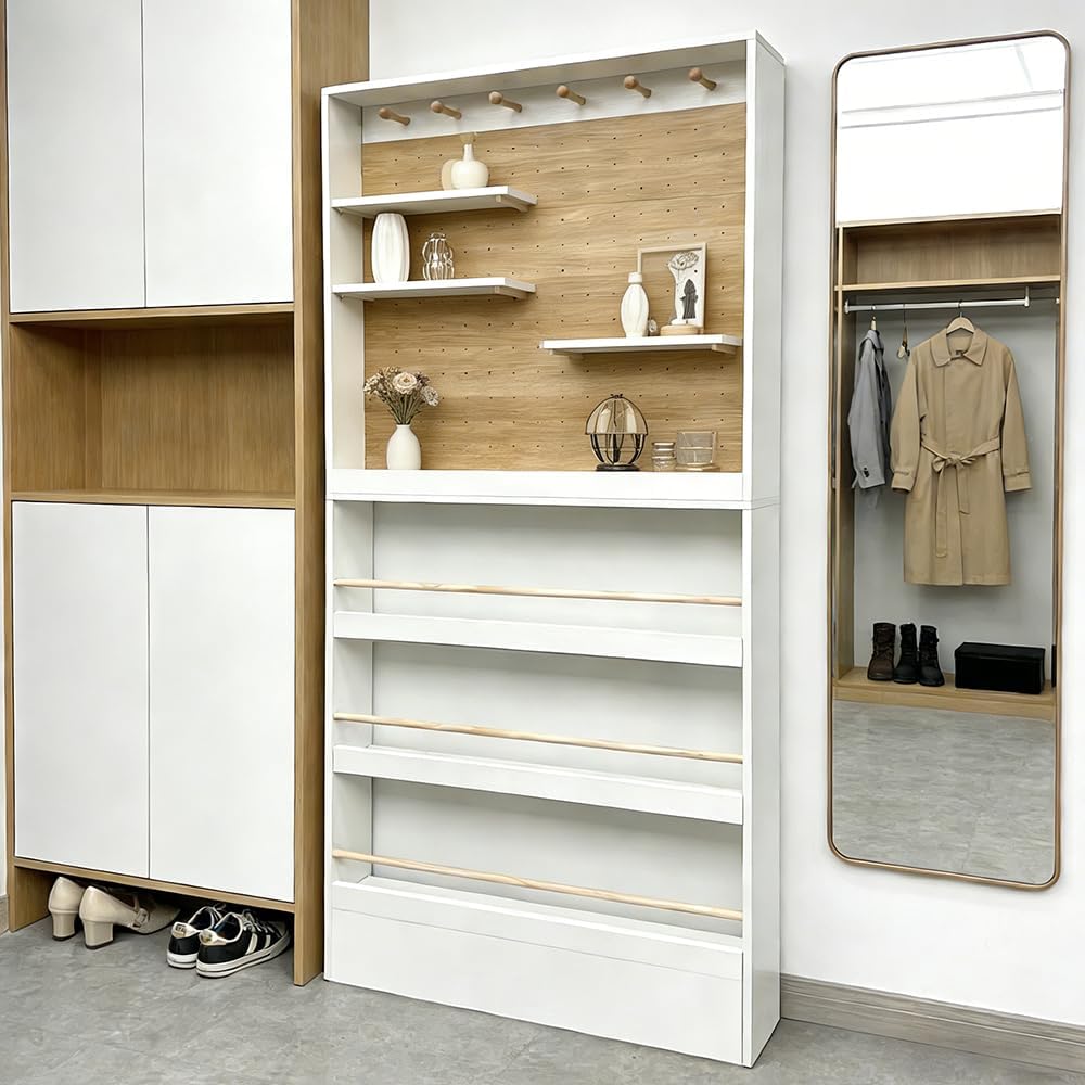 70.1" Tall Behind-The-Door Bookshelf - Open-Shelf Wooden Floor Bookcase with Perforated Board | 4/6/8 Inch, Multi-Purpose Display Storage Organizer White-Wood 31.5×4×70.1"