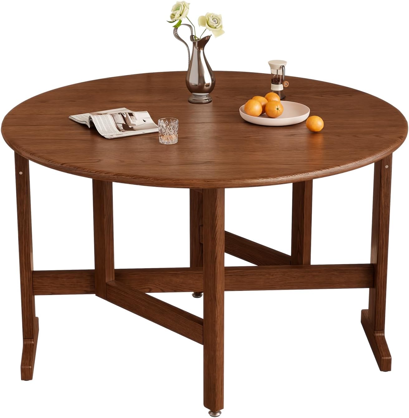 47.2" Solid Wood Small Round Dining Table, 3 in 1 Space Saving Folding Dining Table, Foldable Kitchen Table for 2-6, Round Table with Leaf, Wooden Folding Table Drop Leaf Tables for Small Spaces