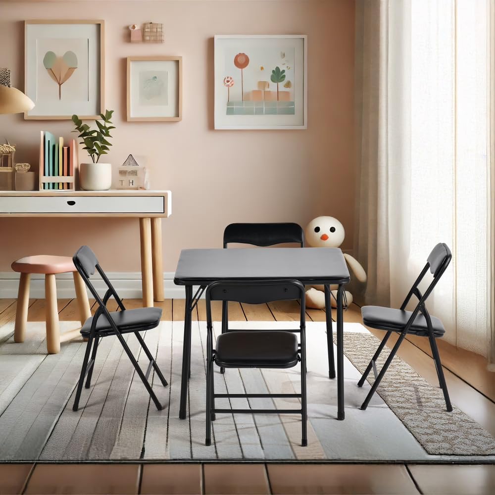 Kids 5-Piece Folding Activity Table and Chair Set Black | (Shipment from Walmart) Kids 5-Piece Folding Activity Table and Chair Set for Home Daycare Playroom, White