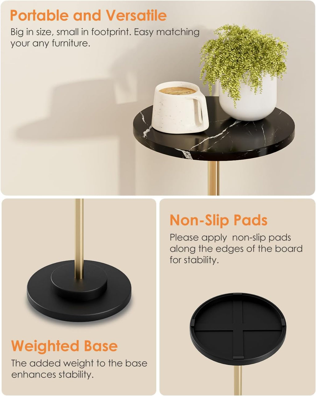 Round Side Table, Small Drink Table for Small Spaces, Modern Accent End Table with Metal Leg for Living Room, Bedroom, Corners, and Office (Black Marble)